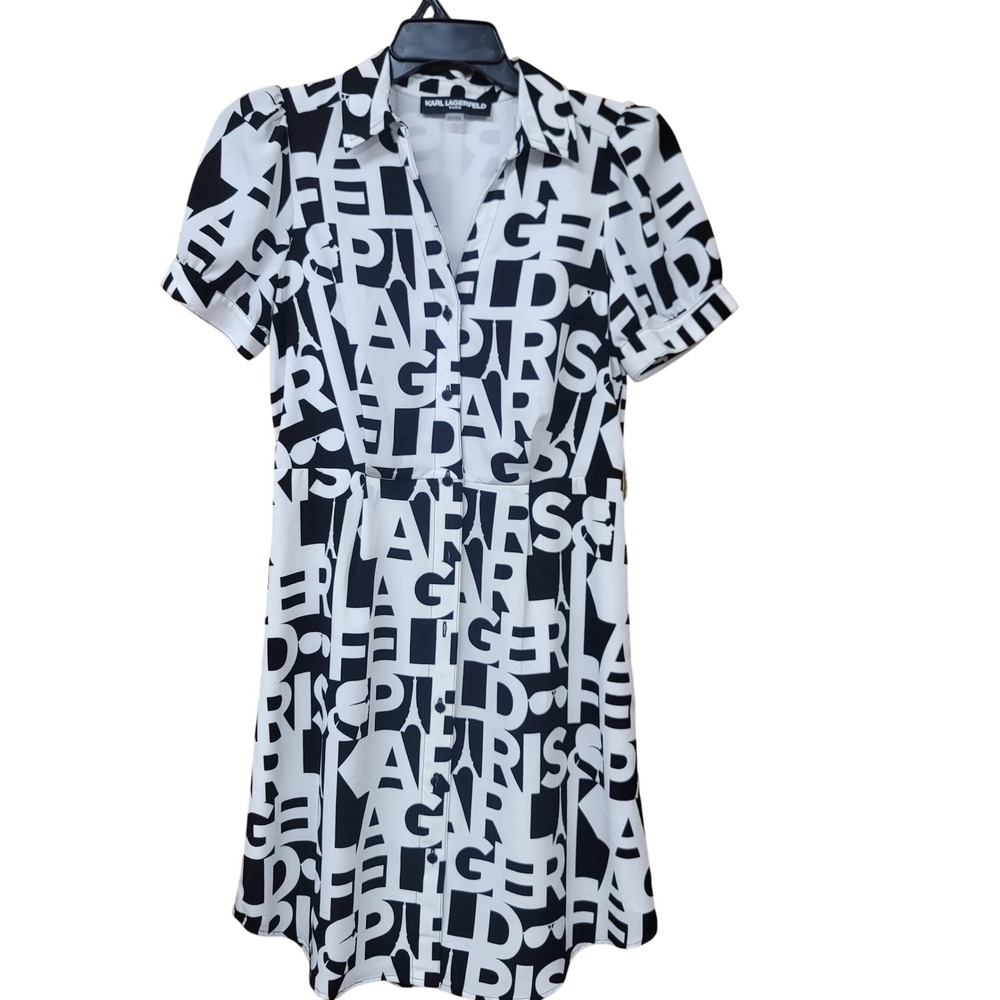 Karl Lagerfeld Designer Parisian Black White Shirt Dress Size 6 Logomania